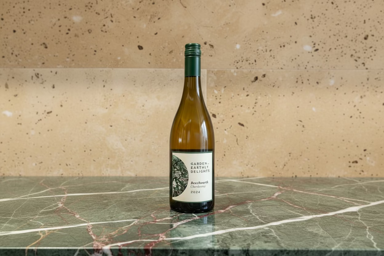 Bottle of Garden Earthly Delights Beechworth Chardonnay 2024 on a counter. 