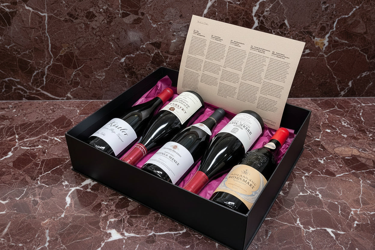 Set of wine bottles in a gift box with visible labels