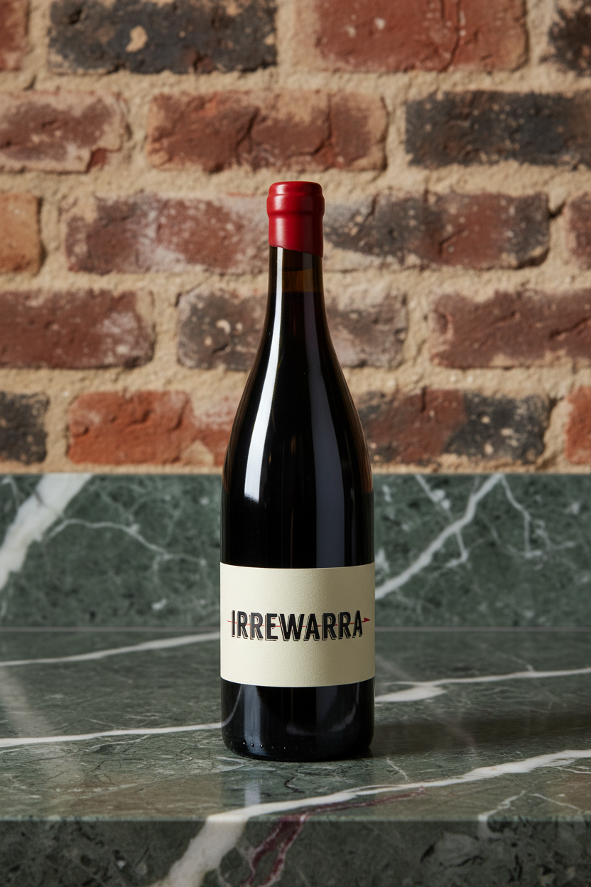 Wine bottle with a red cap and 'Irrewarra' label on a white background