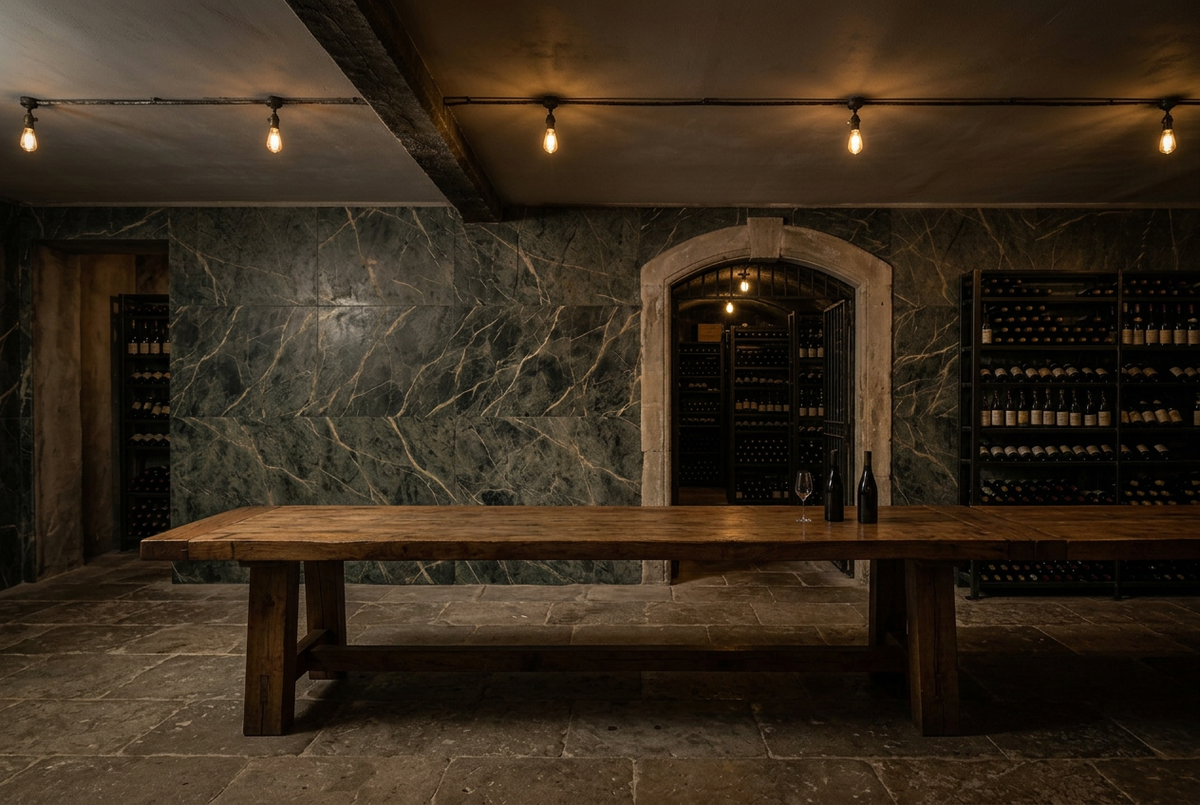 Underground wine cellar with oak tasting bench
