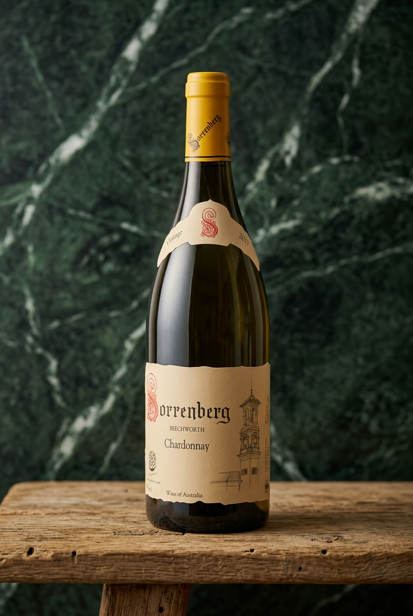 Sorrenberg Chardonnay on rustic oak with dark green marble and warm side lighting